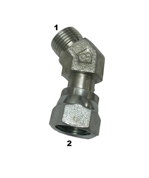 FF6502  |  Male O-Ring Face Seal to Female O-Ring Face Seal Swivel 45 Degree Elbow